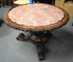 A LARGE 19TH CENTURY CHINESE CARVED HARDWOOD MARBLE INSET TABLE Qing, the banding formed with