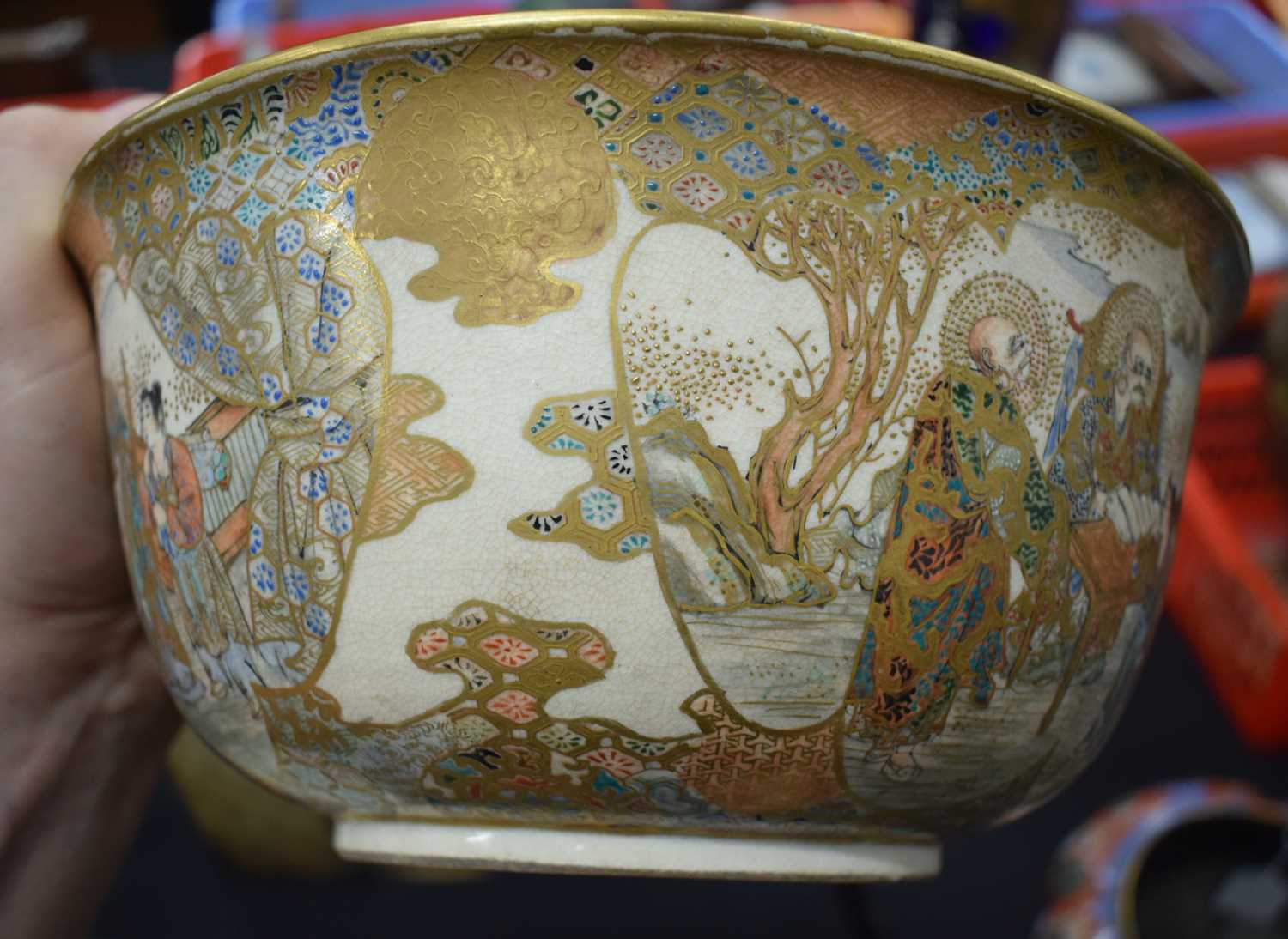 A LARGE 19TH CENTURY JAPANESE MEIJI PERIOD SATSUMA BOWL painted with immortals within landscapes, - Image 11 of 18