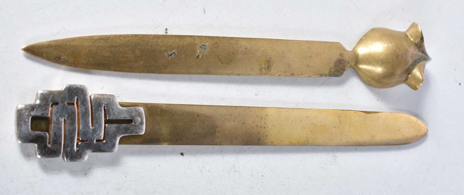 Two Brass Letter Openers. 1 with Silver Mount marked 925. Largest 18.3cm x 2.6cm, total weight