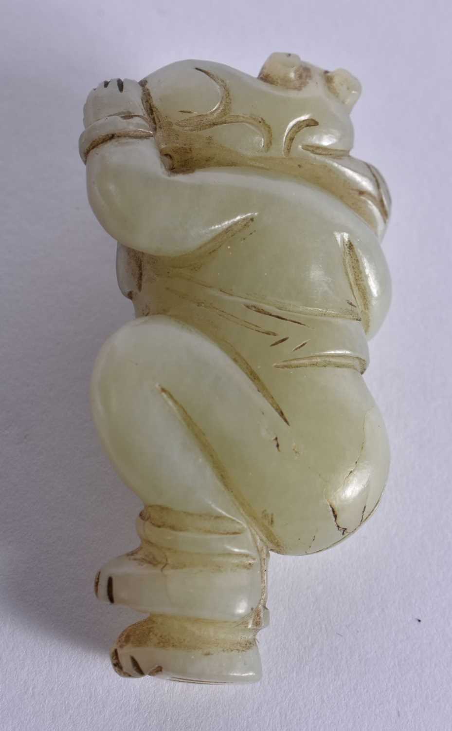 A 19TH CENTURY CHINESE CARVED GREEN JADE FIGURE OF A DANCING BOY Qing, modelled with a cat upon - Image 2 of 12