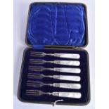 A Cased Set of Six Silver Desert Forks with Mother of Pearl Handles by CW Fletcher & Sons Ltd.