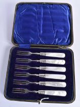 A Cased Set of Six Silver Desert Forks with Mother of Pearl Handles by CW Fletcher & Sons Ltd.