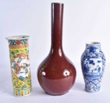 A 19TH CENTURY CHINESE FAMILLE JAUNE SLEEVE VASE Qing, together with a ox blood vase & a blue and