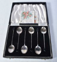 A Cased set of Six Silver and Guilloche Enamel "Coffee Bean" Spoons. Hallmarked Birmingham 1953, 9.