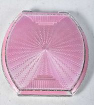 A Silver and Pink Guilloche Enamel Compact. Hallmarked Birmingham 1935. 7.6cm x 7.3cm x 1cm,