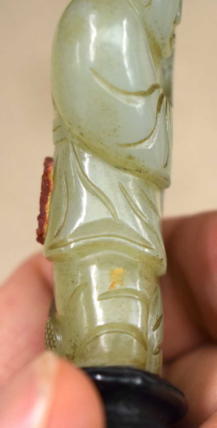 A LOVELY 19TH CENTURY CHINESE CARVED GREEN JADE FIGURE OF A STANDING MALE Qing, modelled holding a - Image 8 of 12