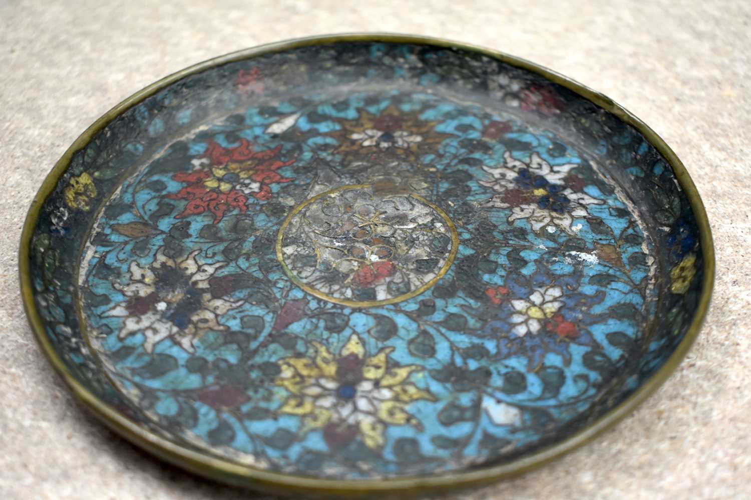 A VERY UNUSUAL 15TH CENTURY CHINESE CLOISONNE ENAMEL PLATE Ming, decorated with lotus to top and - Image 6 of 18