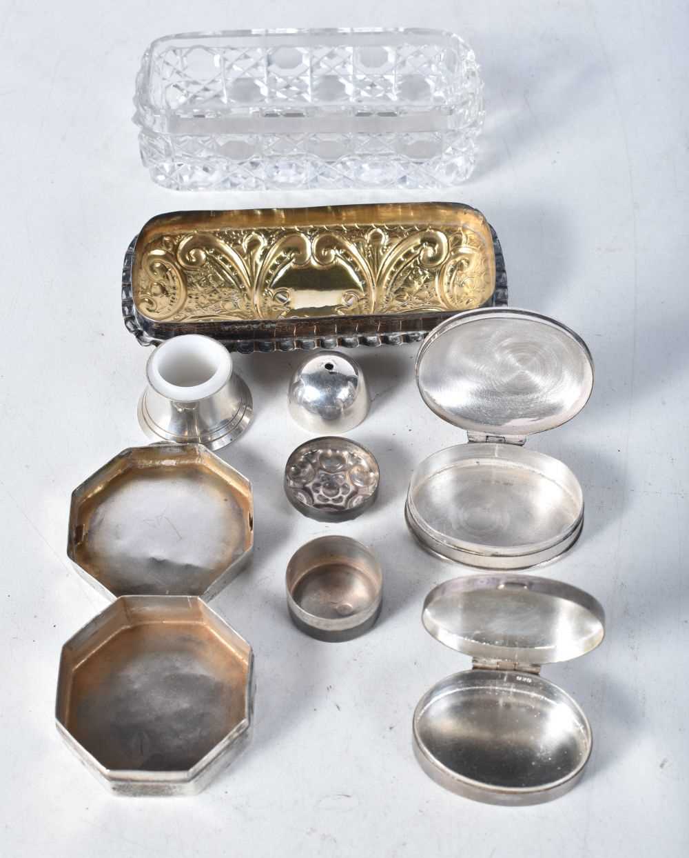 A Glass Trinket Box with Silver Lid together with 4 Silver Pill Boxes and a Silver Condiment. - Image 2 of 3