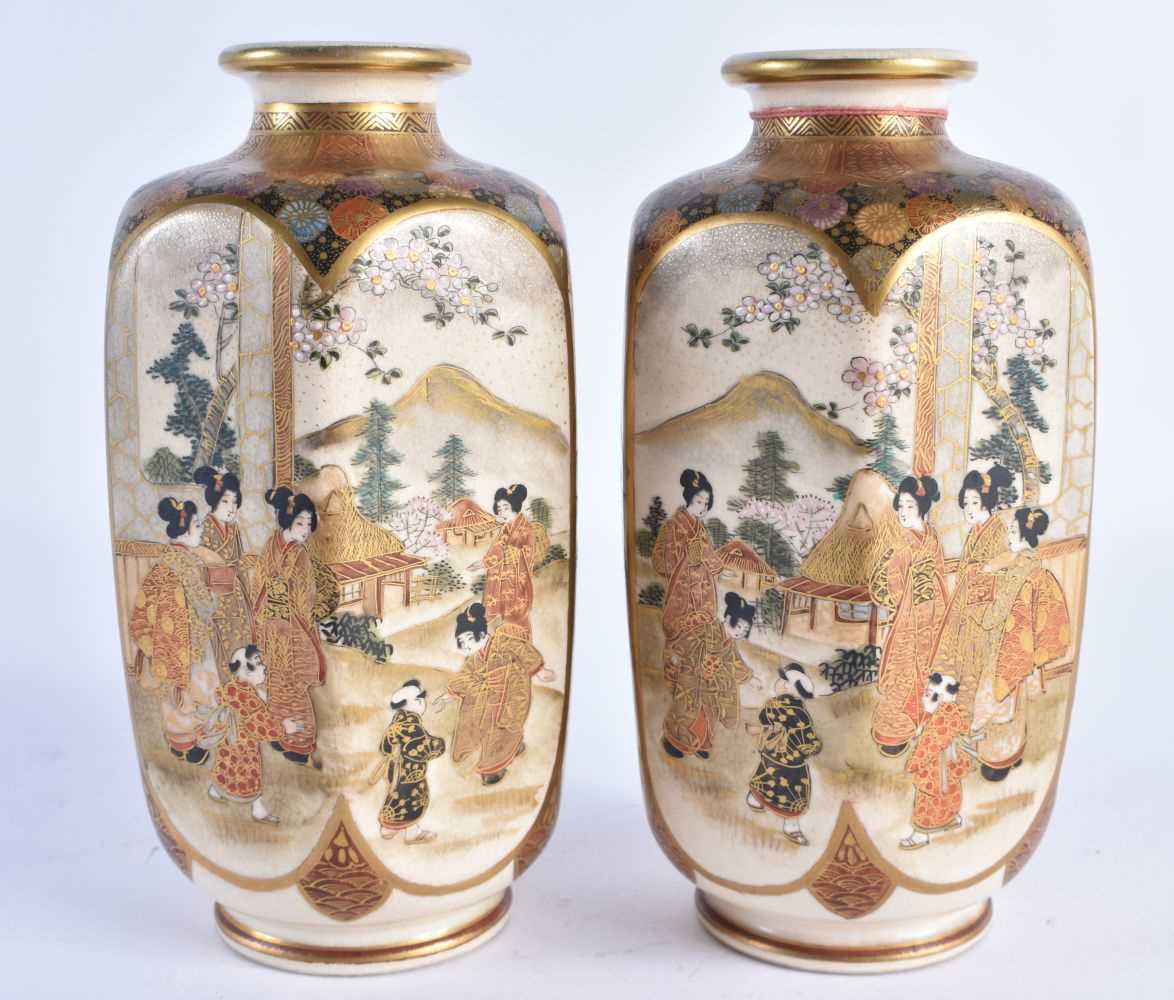 A PAIR OF LATE 19TH CENTURY JAPANESE MEIJI PERIOD SATSUMA VASES painted with geisha within