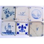 SIX BLUE AND WHITE DELFT POTTERY TILES. 12.5 cm square. (6)