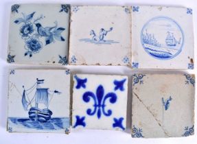 SIX BLUE AND WHITE DELFT POTTERY TILES. 12.5 cm square. (6)