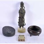 AN EARLY CHINESE BRONZE FIGURE OF AN IMMORTAL etc. Largest 15 cm high. (5)