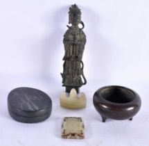 AN EARLY CHINESE BRONZE FIGURE OF AN IMMORTAL etc. Largest 15 cm high. (5)