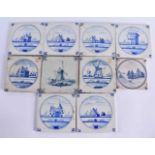 TEN DELFT BLUE AND WHITE POTTERY TILES. 12.5 cm square. (10)