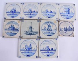 TEN DELFT BLUE AND WHITE POTTERY TILES. 12.5 cm square. (10)