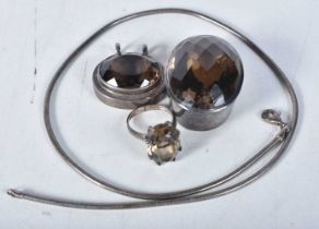 A collection of silver Smokey Quartz jewellery. Stamped 925, incl Necklace with 2 Pendants and a