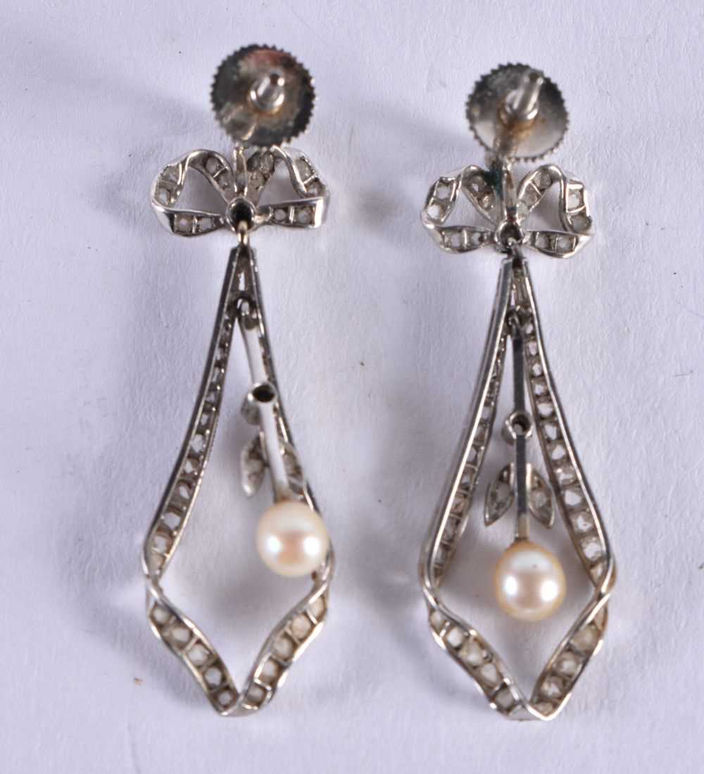 A PAIR OF EDWARDIAN NEO CLASSICAL GOLD DIAMOND AND PEARL EARRINGS. 4.3 grams. 3.5 cm x 1 cm. - Image 3 of 3