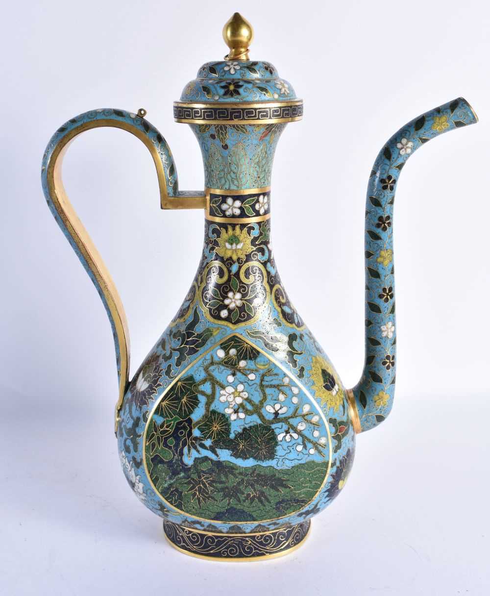 A FINE AND RARE CHINESE CLOISONNE ENAMEL EWER AND COVER probably Ming, decorated with shaped - Image 6 of 9
