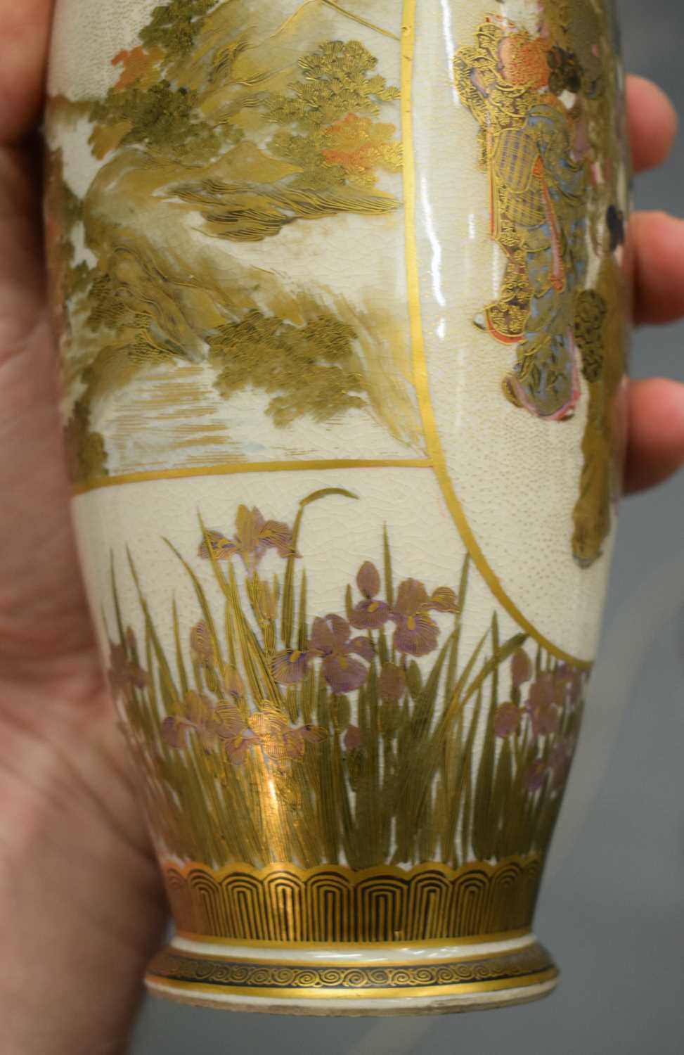 A PAIR OF LATE 19TH CENTURY JAPANESE MEIJI PERIOD SATSUMA POTTERY VASES painted with a group of - Image 9 of 25