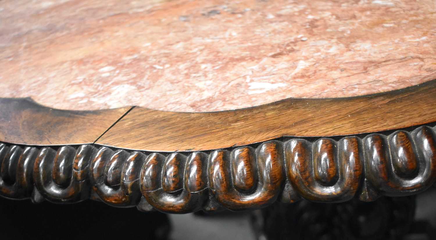 A LARGE 19TH CENTURY CHINESE CARVED HARDWOOD MARBLE INSET TABLE Qing, the banding formed with - Image 14 of 22