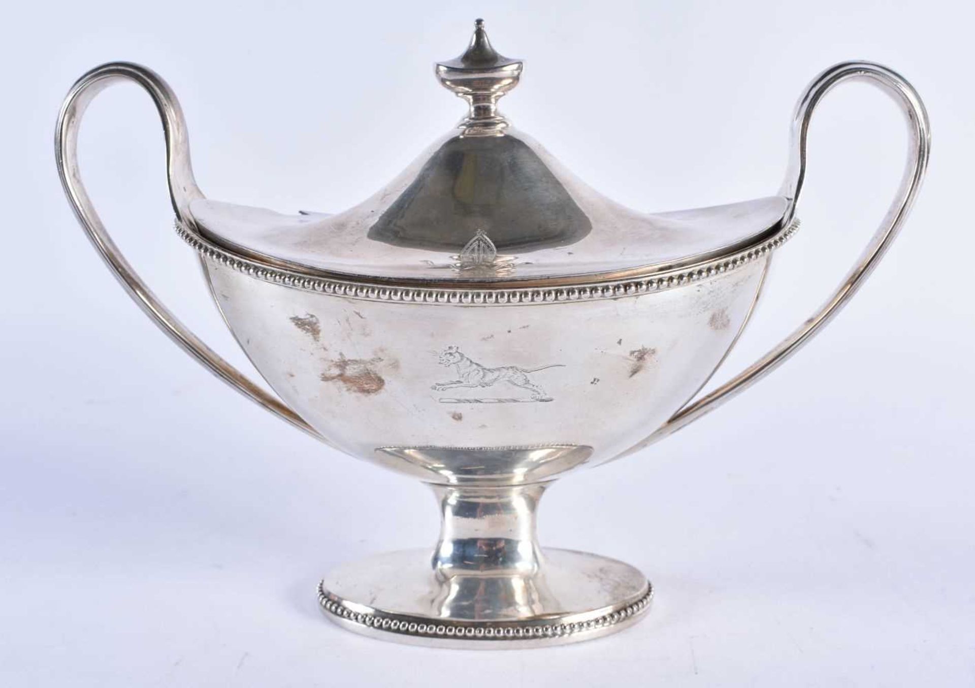 A GEORGE III SILVER SAUCE TUREEN AND COVER with interesting Bishops Mitre crest. 560 grams. London