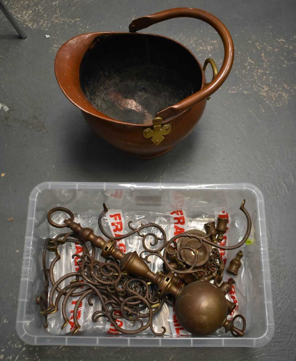 AN ANTIQUE BRONZE CHANDELIER together with a Victorian copper coal scuttle. (2)