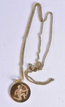 An 18 Carat Gold Pendant (engraved Sagittarius Design) on chain. Pendant Stamped 18K. Chain 46cm