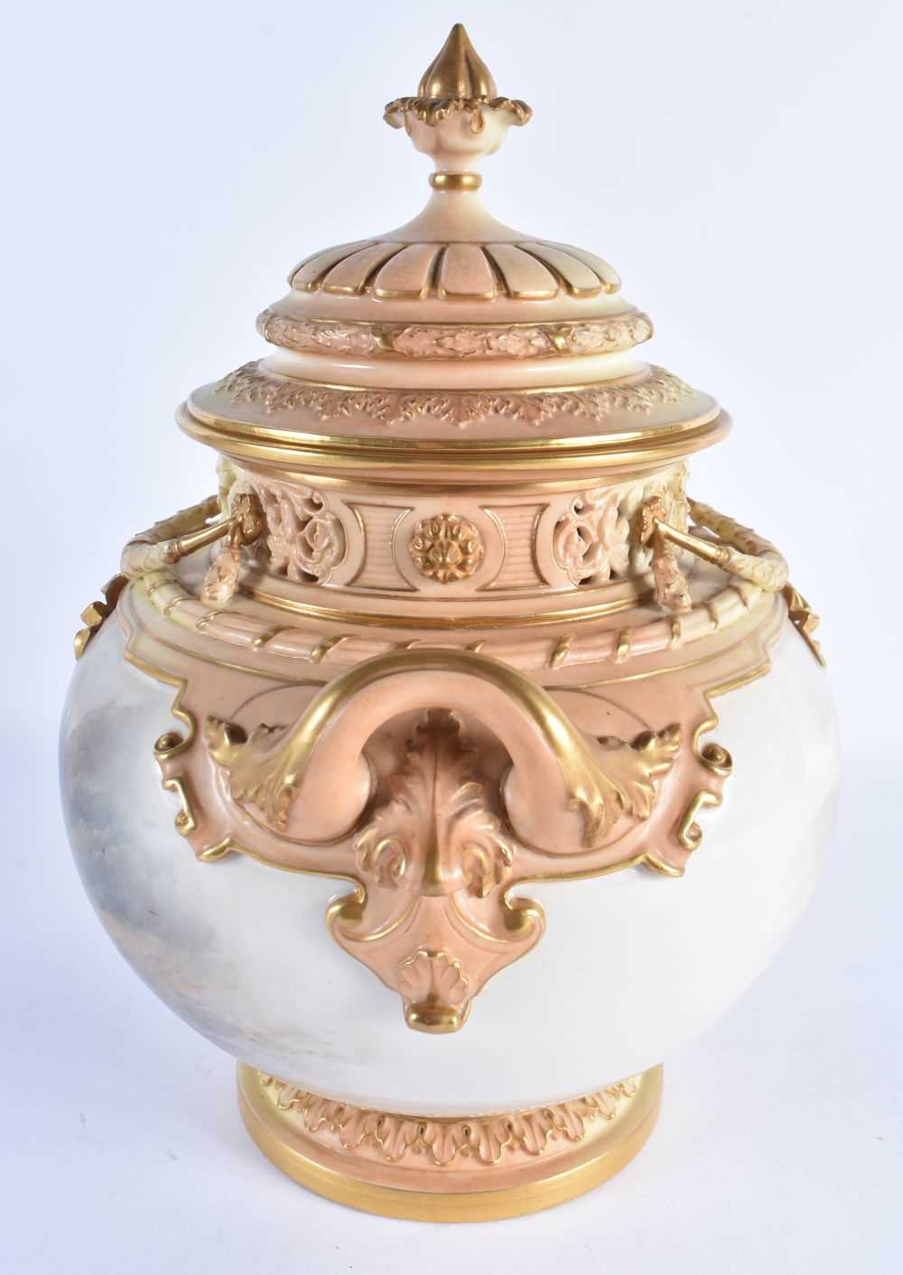 A FINE ROYAL WORCESTER TWIN HANDLED PORCELAIN POT POURRI AND COVER by John Stinton, painted with two - Image 5 of 11