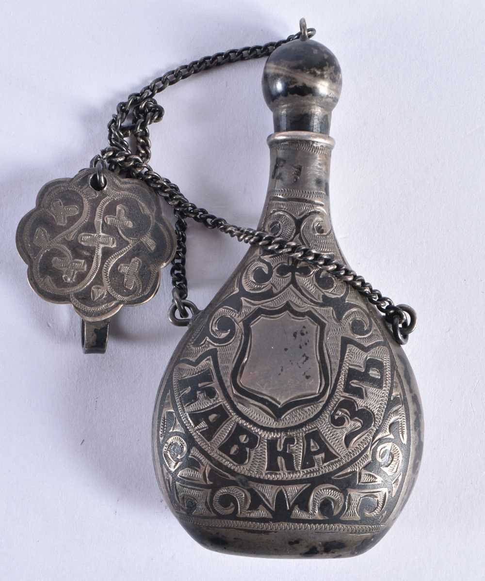 A Russian Silver Niello Scent Bottle on Belt Hook. Inscribed Kabka 38. Stamped 84. 7.5cm x 3.7cm x