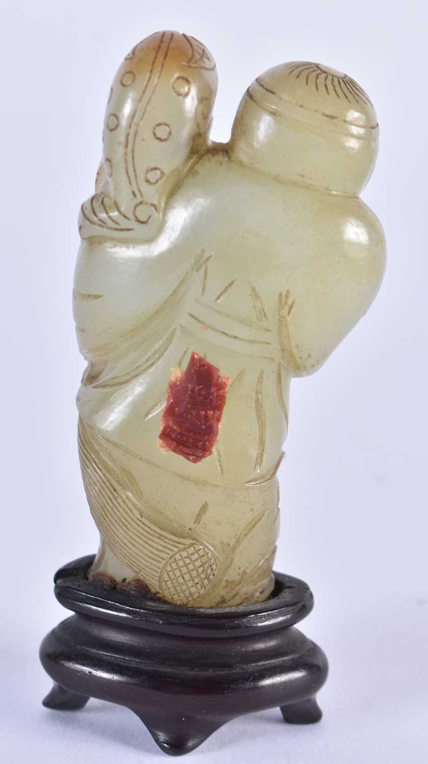 A LOVELY 19TH CENTURY CHINESE CARVED GREEN JADE FIGURE OF A STANDING MALE Qing, modelled holding a - Image 2 of 12