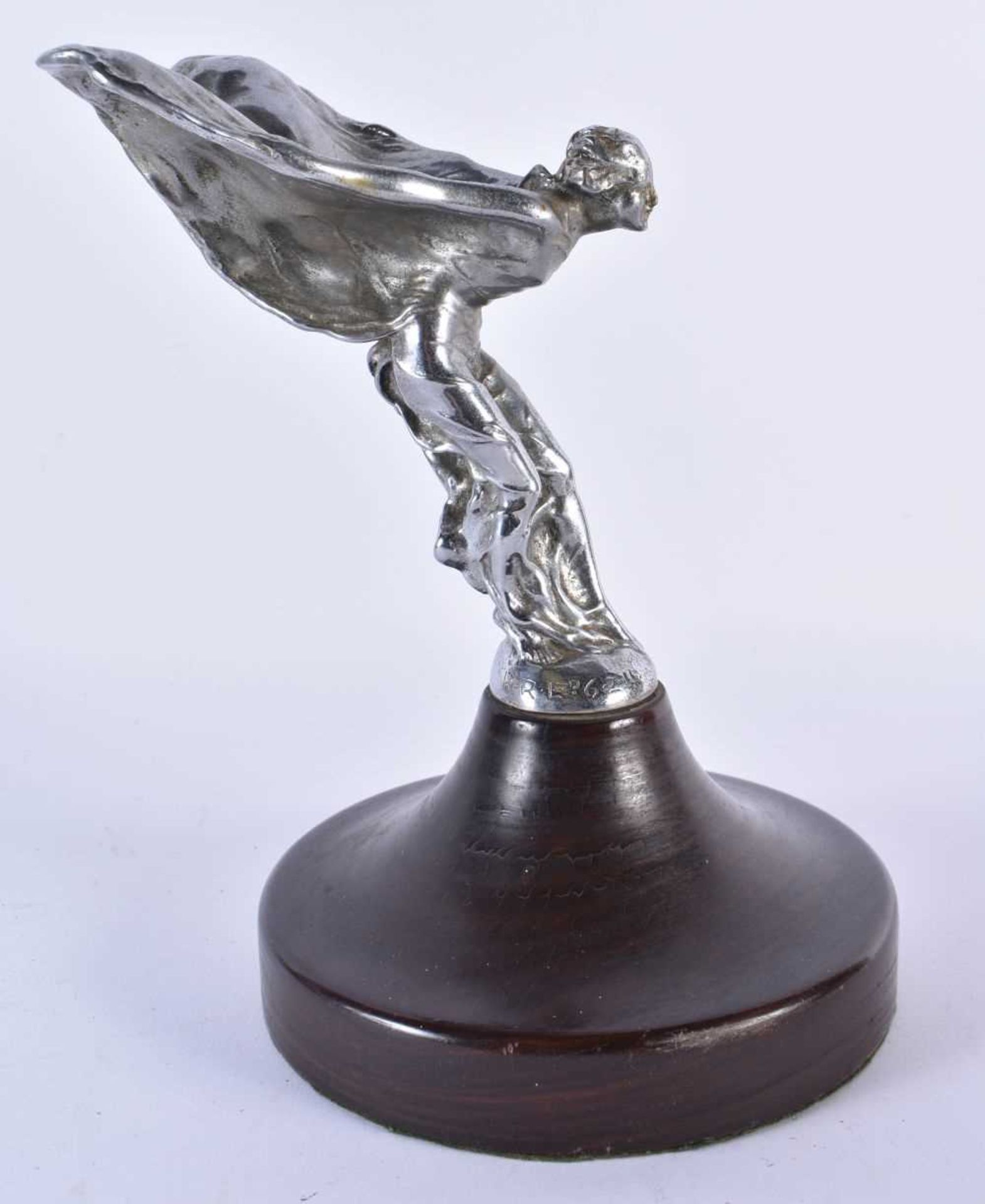 AN ANTIQUE CHARLES SYKES SPIRIT OF ECSTASY SILVER PLATED CAR MASCOT. 23 cm high.