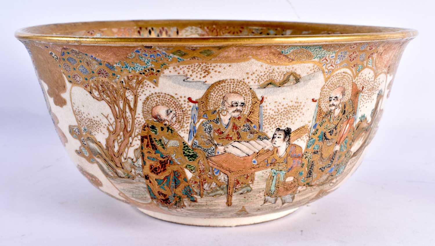 A LARGE 19TH CENTURY JAPANESE MEIJI PERIOD SATSUMA BOWL painted with immortals within landscapes, - Image 2 of 18