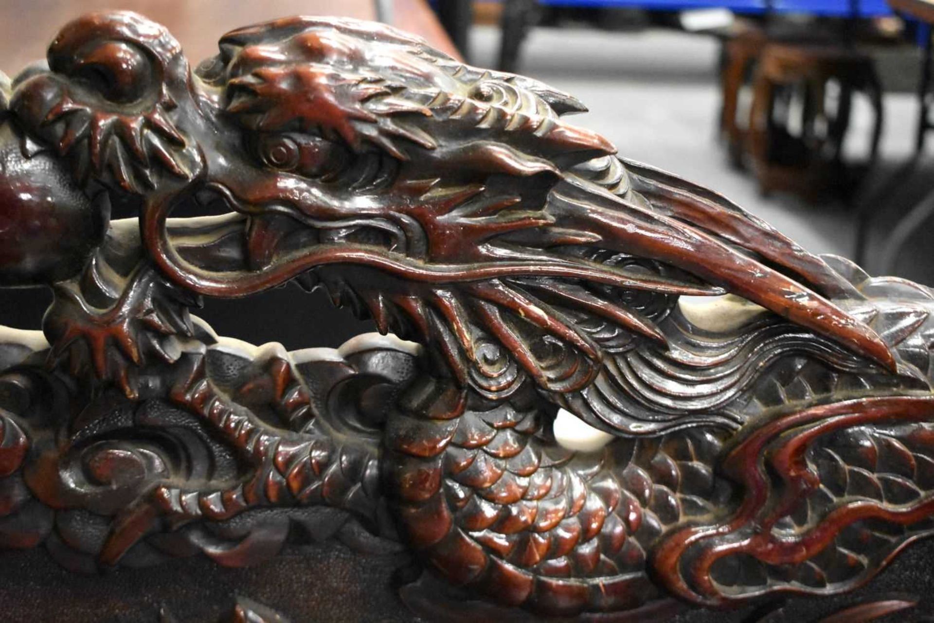A LARGE 19TH CENTURY JAPANESE MEIJI PERIOD CARVED WOOD DRAGON BENCH. 125 cm x 125 cm. - Image 5 of 14