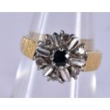 An 18 Carat Gold, Diamond and Sapphire Cluster Ring. Stamped 18CT, Size N, weight 6.2g