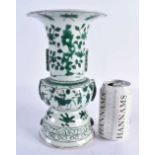AN UNUSUAL 18TH/19TH CENTURY CHINESE GREEN GLAZED PORCELAIN ARCHAIC GU FORM VASE painted with