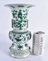 AN UNUSUAL 18TH/19TH CENTURY CHINESE GREEN GLAZED PORCELAIN ARCHAIC GU FORM VASE painted with