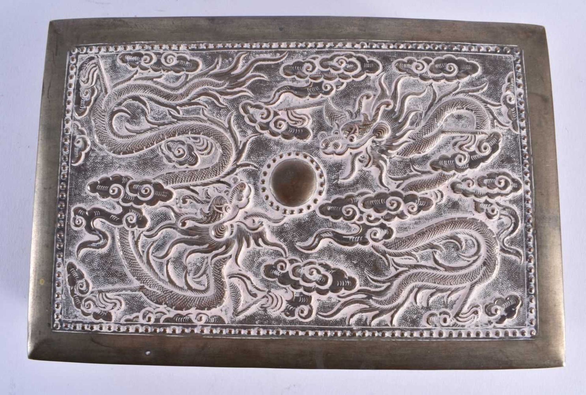 AN ANTIQUE CHINESE SILVER REPOUSSE DRAGON BOX. 267 grams. 15 cm x 10 cm. - Image 4 of 5