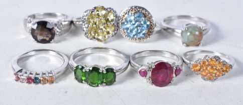 A collection of silver gemstone rings including Ruby . Stamped 925, Sizes K-S, total weight 30g (8)