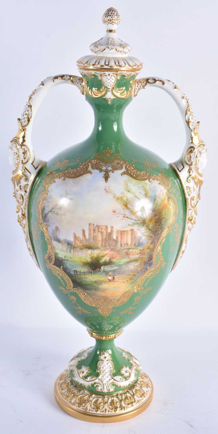 A FINE PAIR OF ROYAL WORCESTER TWIN HANDLED WORCESTER VASES AND COVERS by Harry Davis, painted - Image 7 of 13