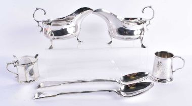 A Quantity of Silver Plate Items incl 2 Sauce Boats, 2 Serving Spoons, A Mustard/Sauce Pot with Blue