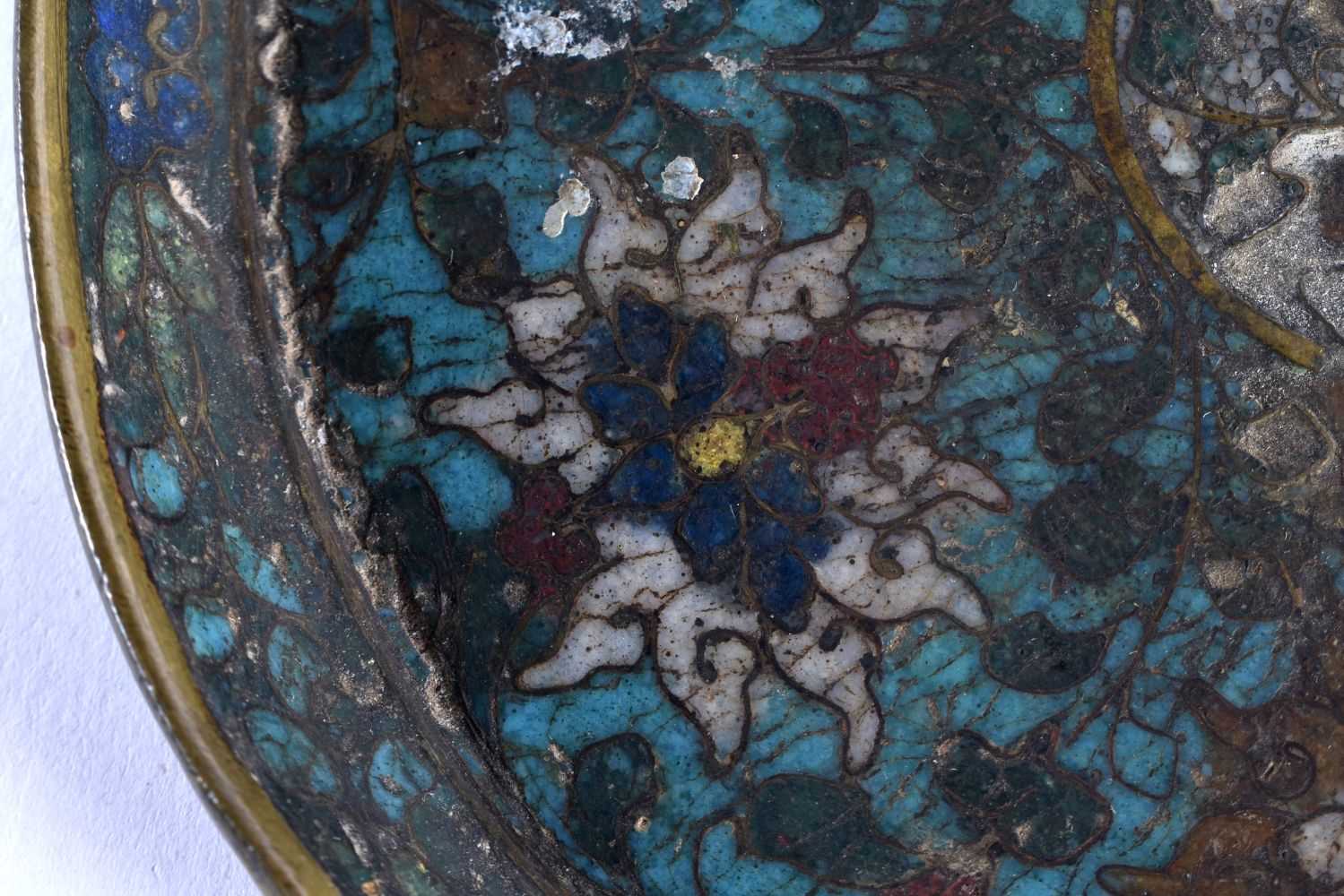 A VERY UNUSUAL 15TH CENTURY CHINESE CLOISONNE ENAMEL PLATE Ming, decorated with lotus to top and - Image 4 of 18