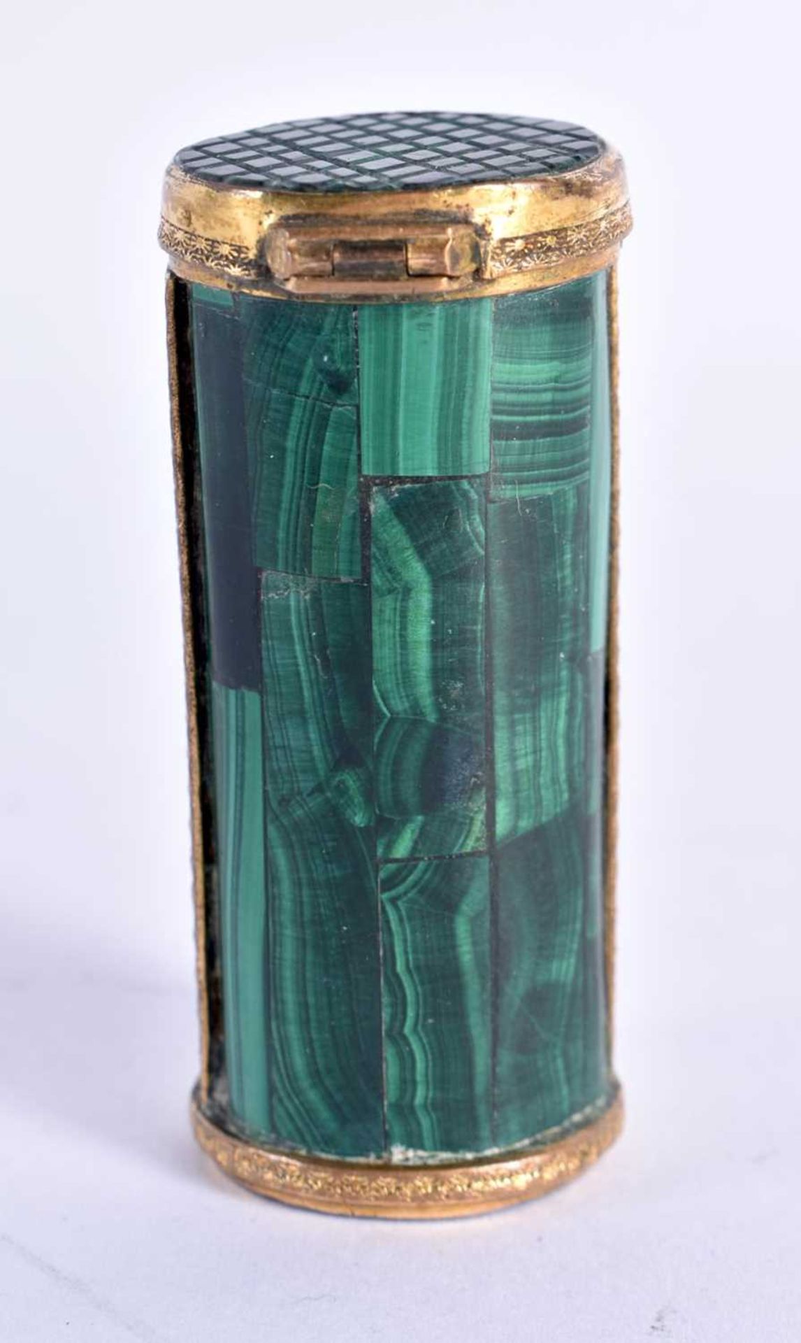 A CHARMING 19TH CENTURY FRENCH CARVED MALACHITE GILT MOUNTED VESTA CASE of naturalistic form. 6.25 - Image 4 of 6
