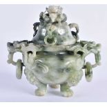 AN EARLY 20TH CENTURY CHINESE CARVED JADEITE CENSER AND COVER Late Qing/Republic. 12 cm x 10 cm.