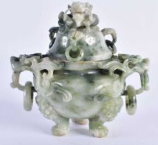 AN EARLY 20TH CENTURY CHINESE CARVED JADEITE CENSER AND COVER Late Qing/Republic. 12 cm x 10 cm.