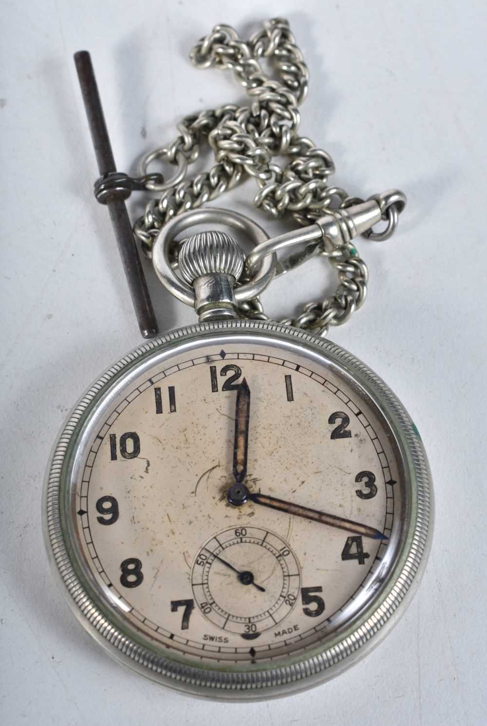 A Military Pocket Watch stamped with a Broad Arrow Mark and B49956 on the back. 5.1cm diameter,