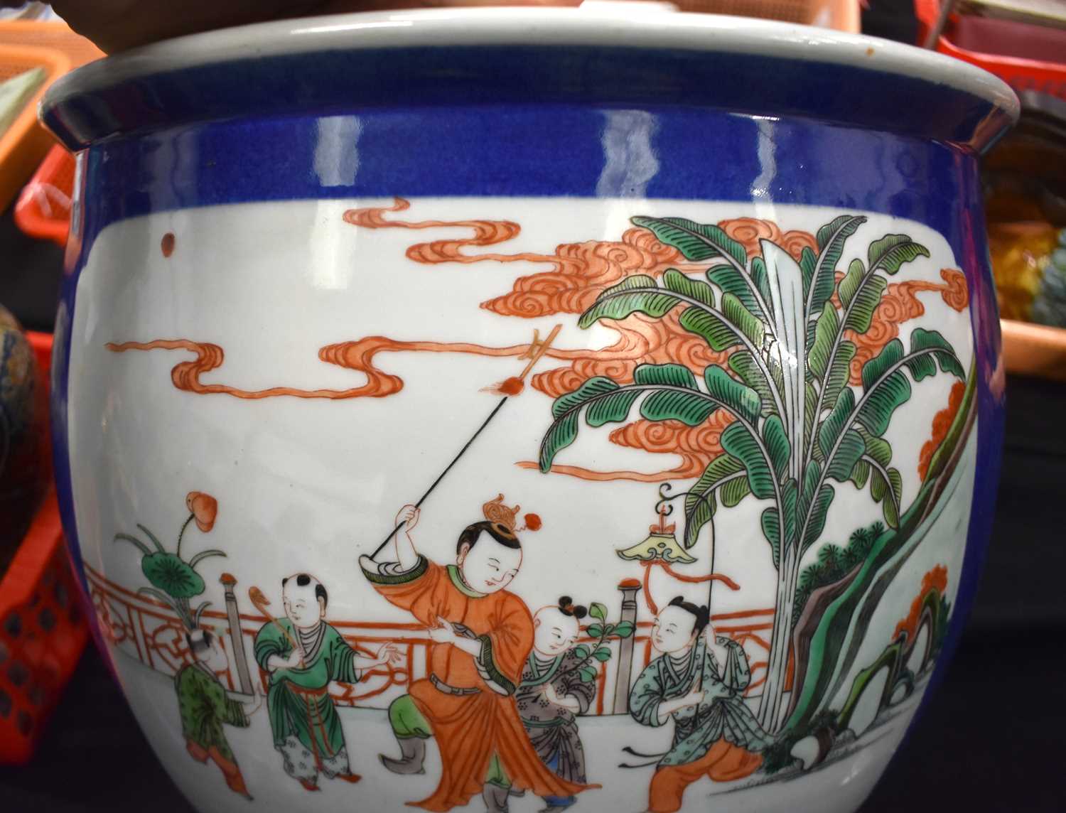 A LARGE 19TH CENTURY CHINESE POWDER BLUE FAMILLE VERTE ENAMELLED JARDINIERE Kangxi style, painted - Image 16 of 29