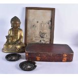 A CHINESE BRONZE BUDDHA together with lacquer ware etc. Largest 25 cm high. (qty)