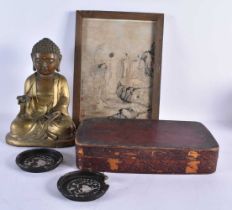 A CHINESE BRONZE BUDDHA together with lacquer ware etc. Largest 25 cm high. (qty)