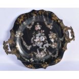 AN EARLY VICTORIAN BRONZE AND PAPIER MACHE TRAY inlaid with mother of pearl. 32 cm wide.