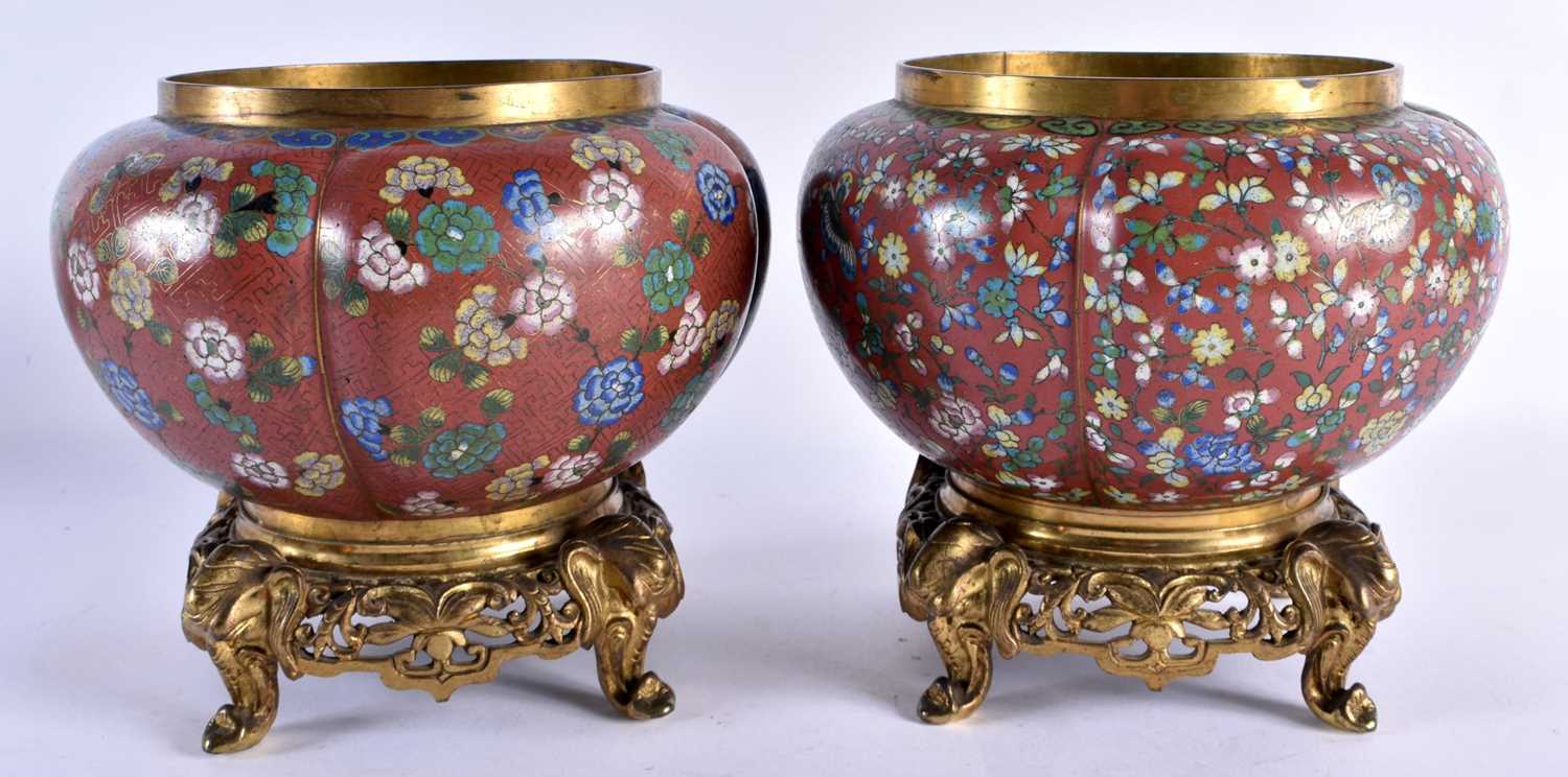 A PAIR OF 19TH CENTURY CHINESE CLOISONNE ENAMEL LOBED JARDINIERES Qing, formed open French bronze